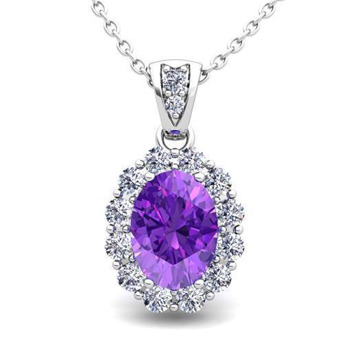 Amethyst Gemstone Diamond Pendant Necklace 10.75 Ct. WG 14K