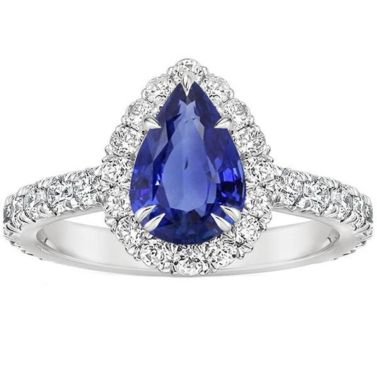 Anniversary Halo Blue Sapphire Ring 4.50 Carats & Pave Set Pear