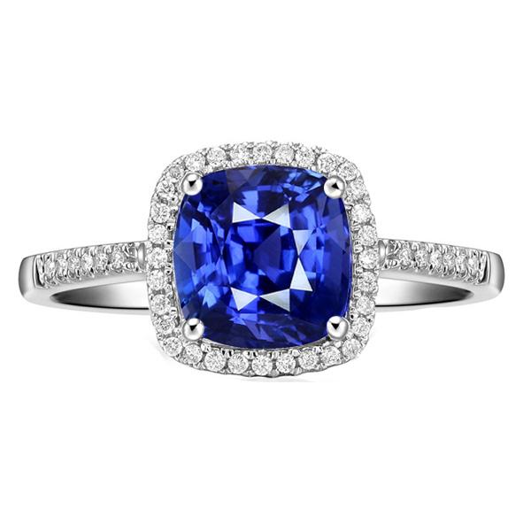 Anniversary Halo Ring Cushion Blue Sapphire Accented Diamonds 4 Carats