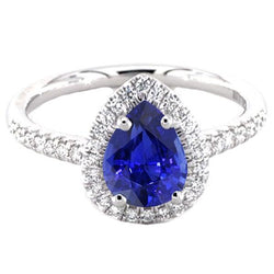 Anniversary Halo Ring Pear Blue Sapphire & Natural Earth Mined Diamonds 3.25 Carats