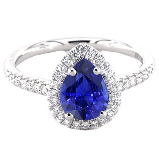 Anniversary Halo Ring Pear Blue Sapphire & Diamonds 3.25 Carats