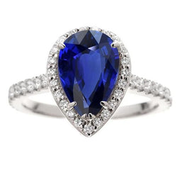 Anniversary Halo Ring Pear Cut Ceylon Sapphire & Diamonds 4.50 Carats