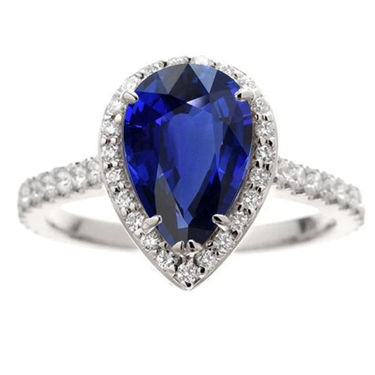 Anniversary Halo Ring Pear Cut Ceylon Sapphire & Diamonds 4.50 Carats