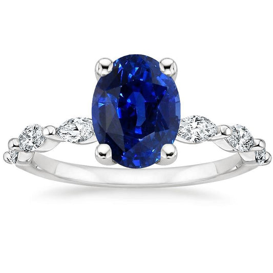 Anniversary Ring Oval Blue Sapphire Solitaire With Accents 3.50 Carats