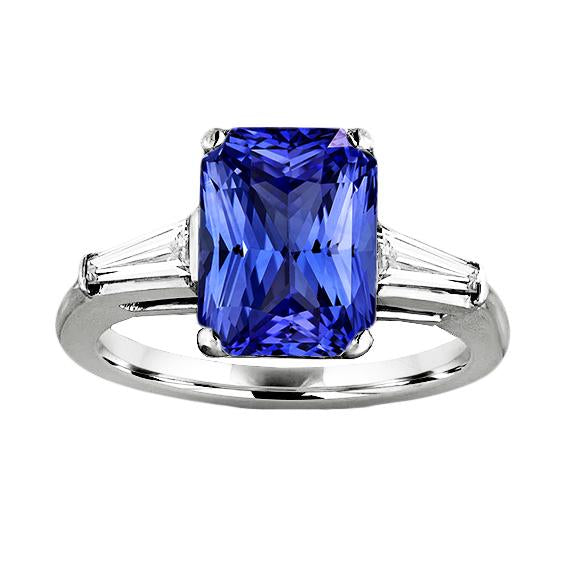 Anniversary Ring Radiant Cut Sapphire & Baguette Diamonds 3.50 Carats