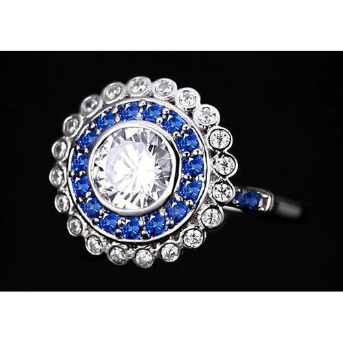 Anniversary Ring Round Diamond & Blue Sapphire Baguettes 4 Carats