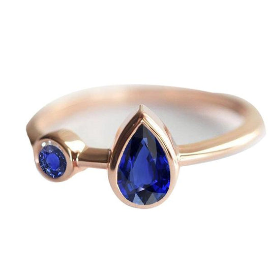 Anniversary Ring Round & Pear Blue Sapphires 2.25 Carats 14K Rose Gold