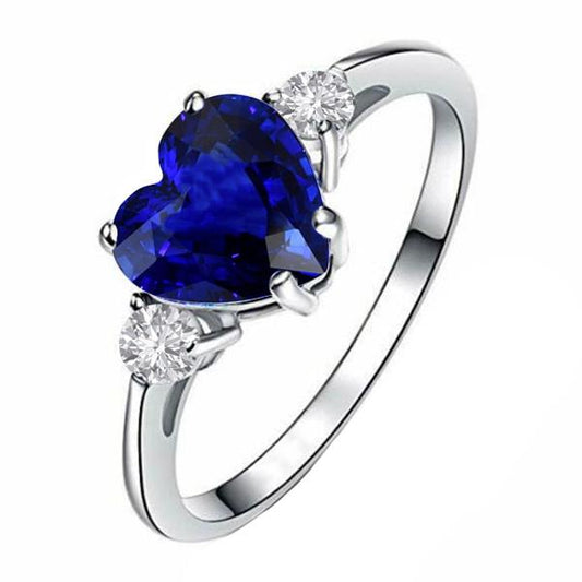 Anniversary Three Stone Heart Blue Sapphire & Diamond Ring 2.75 Carats