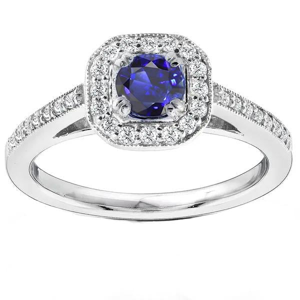 Antique Style Diamond Halo Blue Sapphire Ring 3 Carats Milgrain Shank