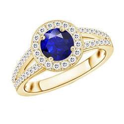 Antique Style Natural Earth Mined Diamond Halo Ring 3 Carats Round Blue Sapphire Jewellery