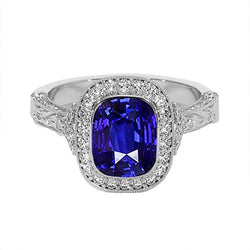 Antique Style Natural Earth Mined Diamond Ring Bezel Set Cushion Ceylon Sapphire 8 Carats