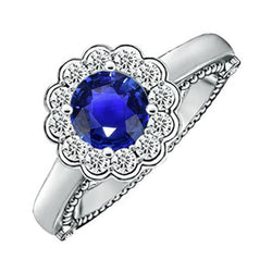 Antique Style Diamond Ring Halo Flower Style Blue Sapphire 2.50 Carats