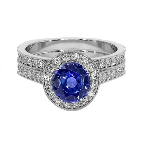 Antique Style Diamond Ring Set 6 Carats Round Blue Sapphire White Gold