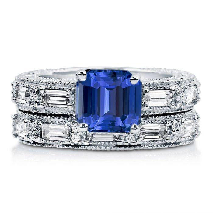 Antique Style Engagement Diamond Emerald Sapphire Ring Set 4.50 Carats