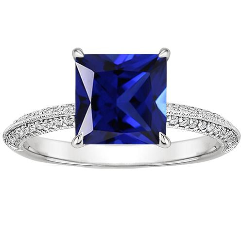 Antique Style Gold Diamond & Princess Blue Sapphire Ring 4.50 Carats