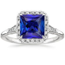 Antique Style Halo Diamond & Ceylon Sapphire Ring White Gold 6 Carats