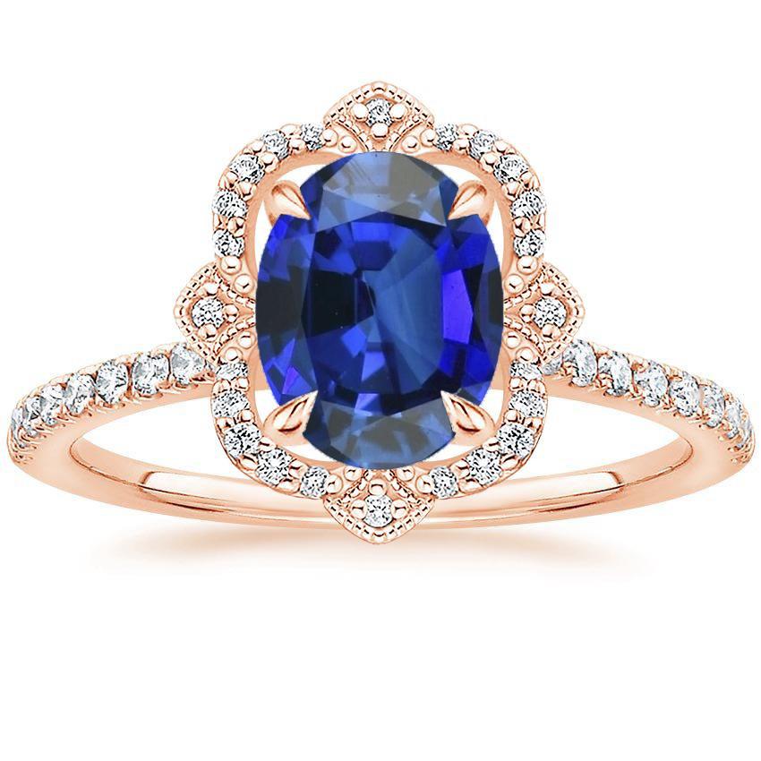 Antique Style Halo Diamond Ring Flower Style Blue Sapphire 6.20 Carats