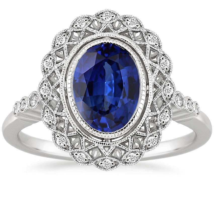 Antique Style Halo Ring Bezel Set Blue Sapphire With Diamonds 4 Carats