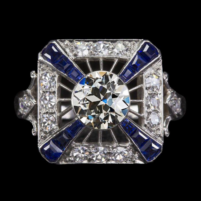 Antique Style Halo Ring Old Miner Diamond & Blue Sapphires 4 Carats