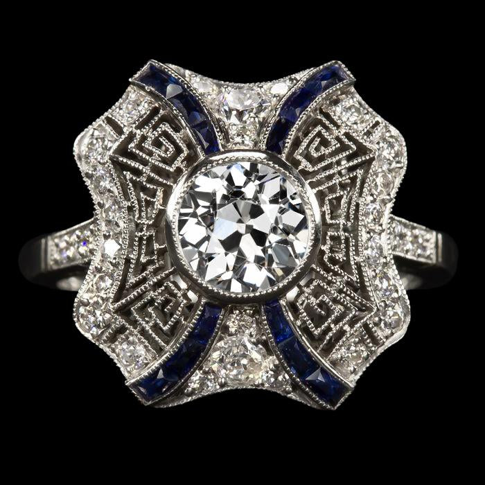 Antique Style Old Cut Diamond & Trapezoid Sapphires Ring 3.75 Carats