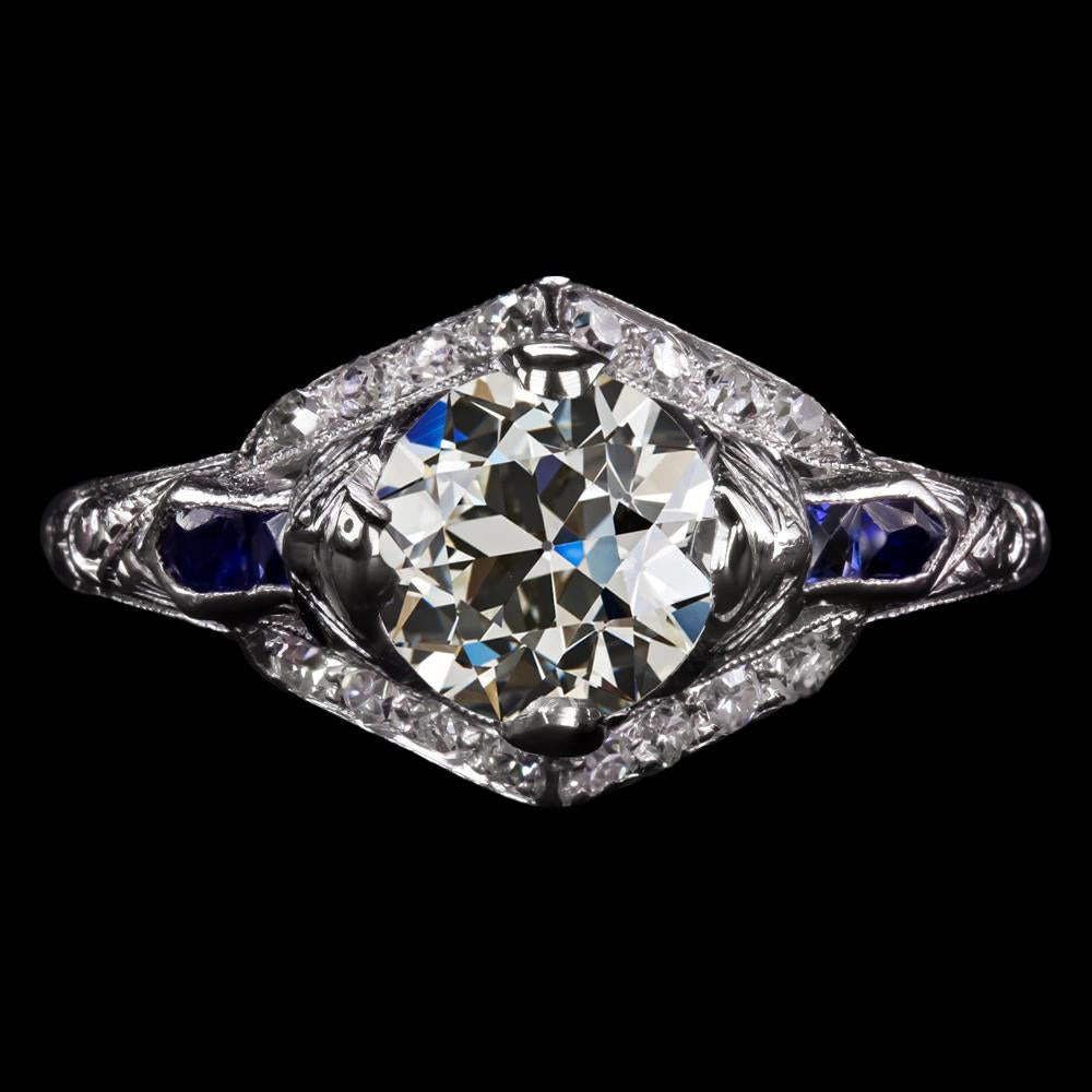 Antique Style Round Old Miner Diamond & Blue Sapphire Ring 4.25 Carats