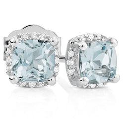 Aquamarine And Diamonds Halo 6.80 Ct Studs Earrings