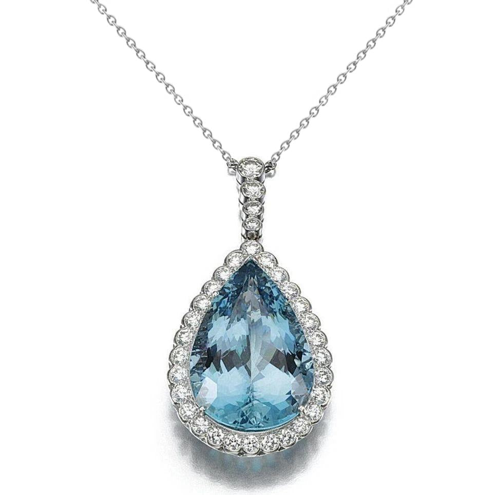 Aquamarine With Diamonds 12.75 Ct Pendant With Chain White Gold 14K