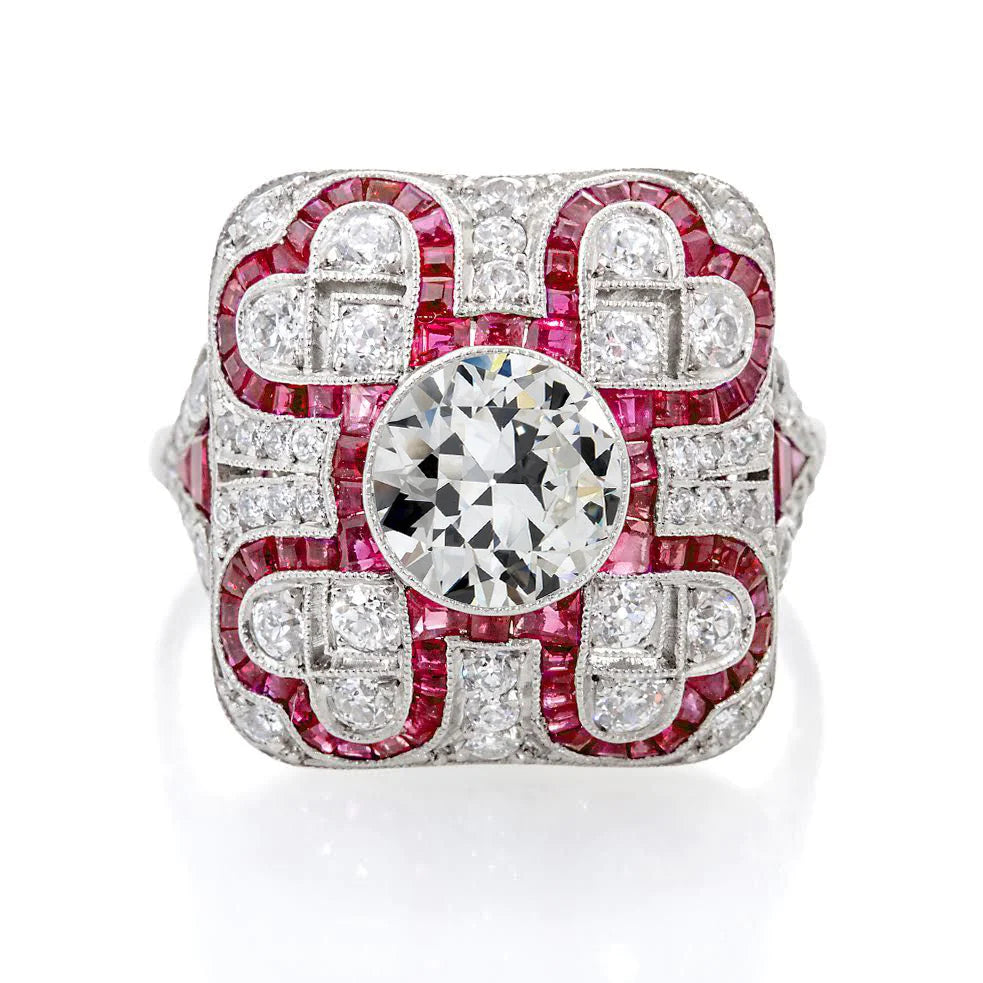 Art Deco Jewelry New Antique Style Halo Old Cut Diamond Ruby Ring