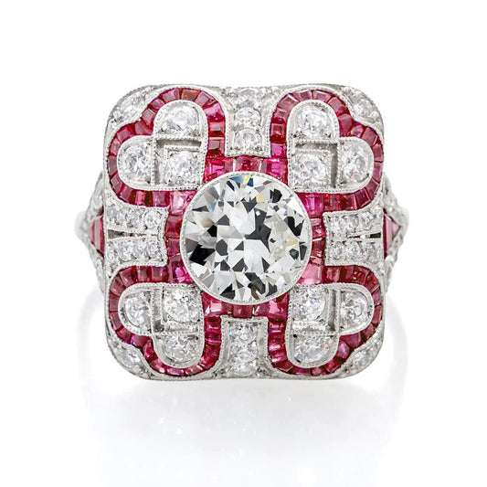 Art Deco Jewelry New Antique Style Halo Old Cut Diamond Ruby Ring