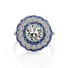 Art Deco Jewelry New Gold Halo Ring Old Cut Diamond & Blue Sapphire