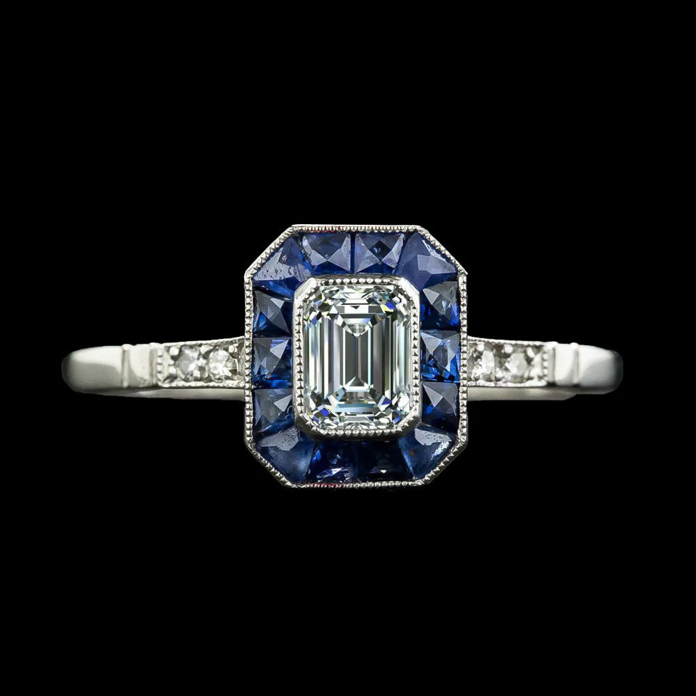 Art Deco Jewelry New Halo Ring Emerald Diamond & Trapezoid Sapphires 