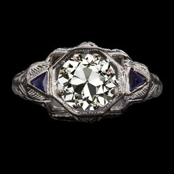 Art Deco Jewellery New Old Cut Natural Earth Mined Diamond & Sapphire 3 Stone Ring Filigree