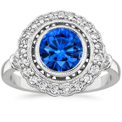 Art Nouveau Jewelry New Halo Blue Round Sapphire Diamond Ring