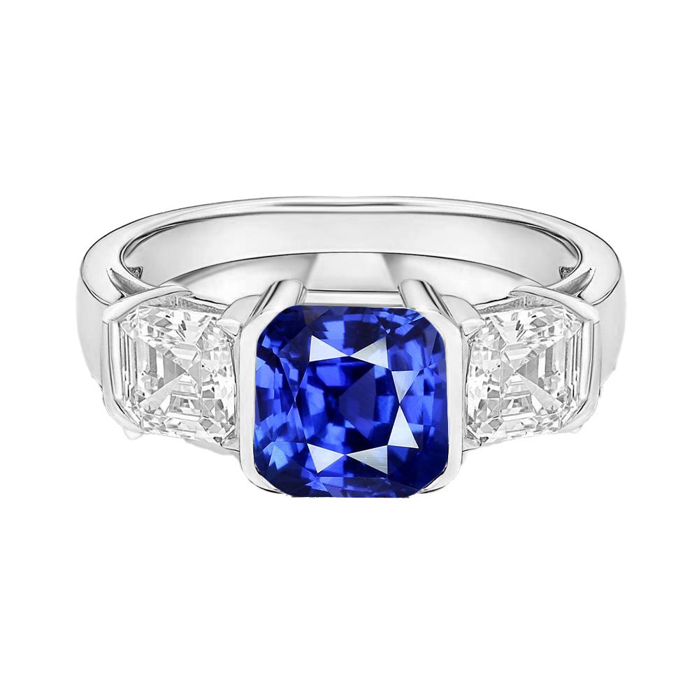 Asscher Diamond 3 Stone Ring 3 Carats Sri Lankan Sapphire Gold Jewelry