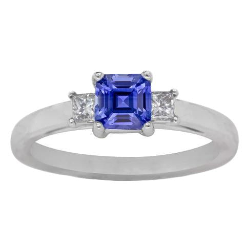 Asscher Sapphire 3 Stone Ring 1.50 Carats Sparkling Princess Diamonds