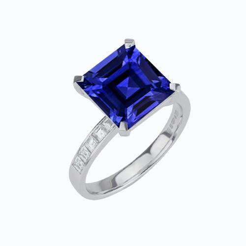 Asscher Sapphire & Baguette Diamond Ring Gold Jewelry 2.50 Carats