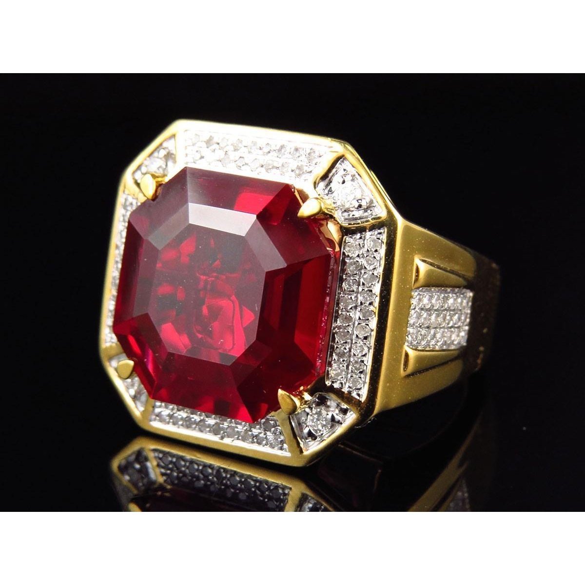 Asscher Red Men's Ruby Ring With Diamond 11 Carats Yellow Gold 14K