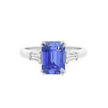 Baguette Diamond 3 Stone Emerald Cut Blue Sapphire Ring 2.25 Carats