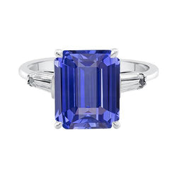 Baguette Diamond 3 Stone Ring Emerald Cut Ceylon Sapphire 2.75 Carats