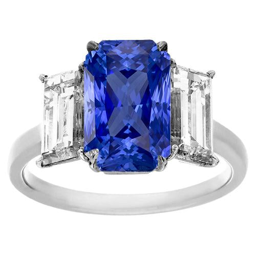 Baguette Diamond 3 Stone Ring Radiant Deep Blue Sapphire 3.50 Carats
