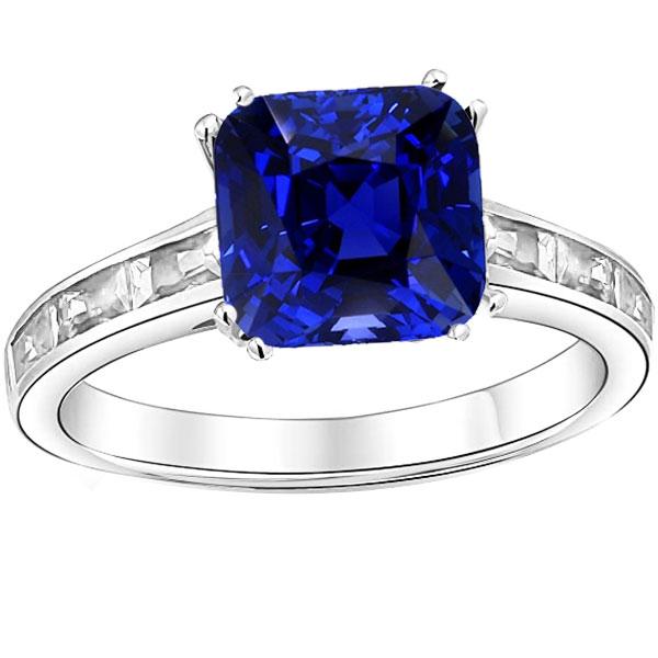 Baguette Diamond Cushion Blue Sapphire Ring 4 Carats Gold 14K Jewelry