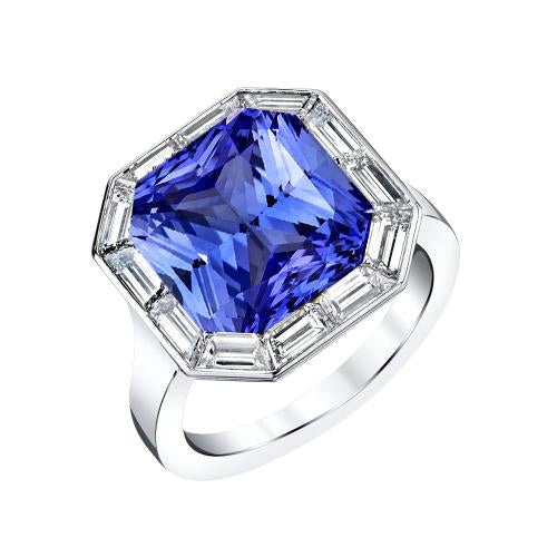 Baguette Diamond Halo Radiant Blue Sapphire Ring 3.50 Carats 14K Gold