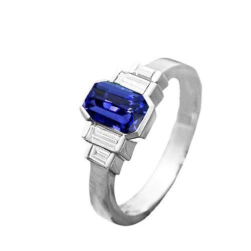 Baguette Diamond & Radiant Cut Blue Sapphire Ring Bar Set 2 Carats