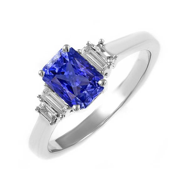 Baguette Diamond Ring Ceylon Sapphire Jewelry 2.50 Carats 4 Prong Set