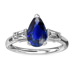 Baguette Natural Earth Mined Diamond Three Stone Ceylon Sapphire Ring 2.50 Carats