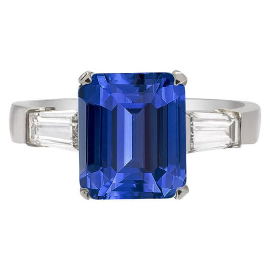 Baguette Diamond Three Stone Emerald Ceylon Sapphire Ring 3.50 Carats
