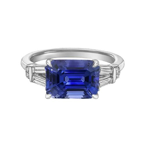 Baguette & Round Diamond Ceylon Sapphire Ring Emerald Cut 2.50 Carats