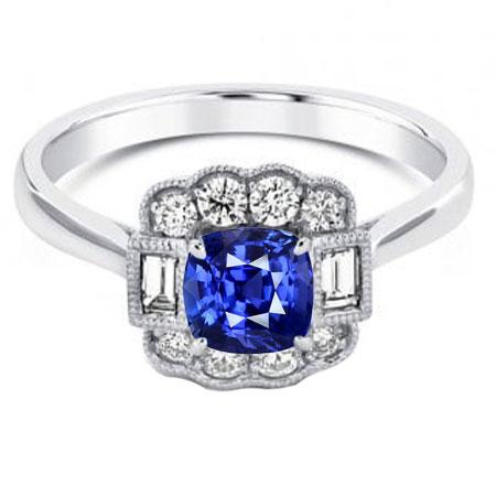 Baguette & Round Diamond Halo Cushion Sapphire Ring 2.50 Carats Prongs