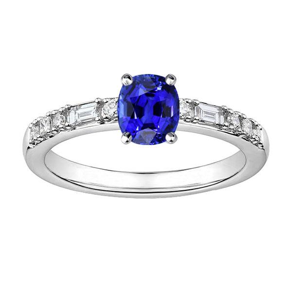 Baguette & Round Diamond Ring Cushion Ceylon Sapphire 2.50 Carats