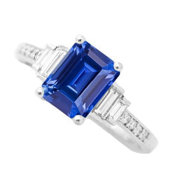 Baguette & Round Diamond Ring Emerald Blue Sapphire 3.50 Carats